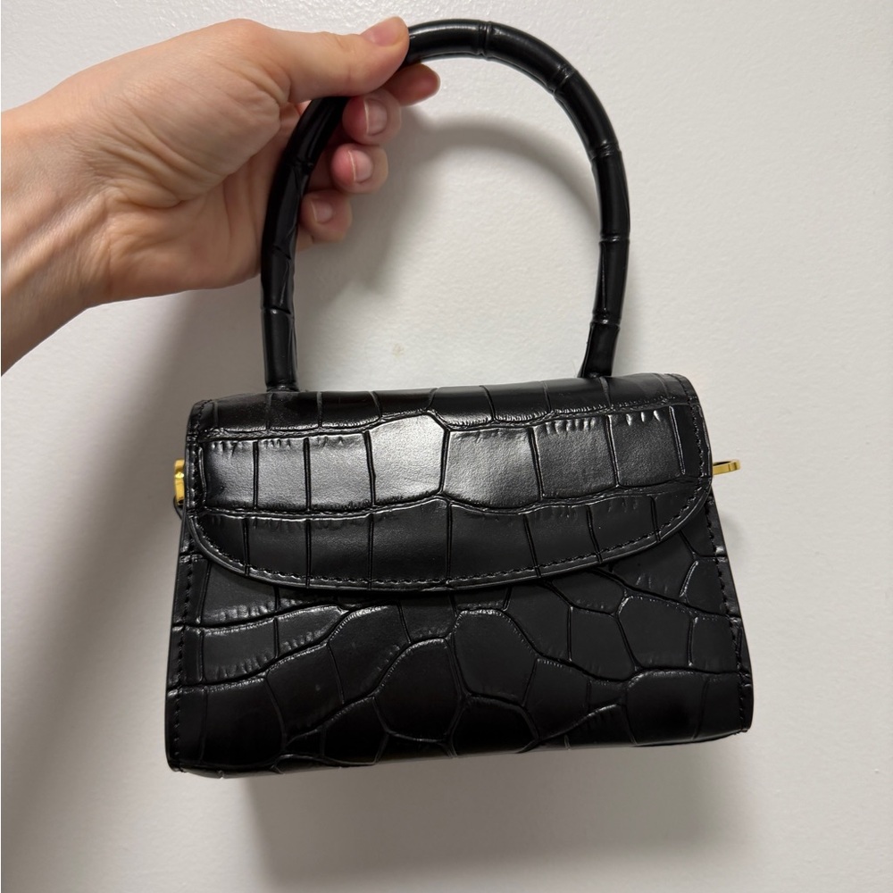Black Croc-Embossed Top Handle Bag